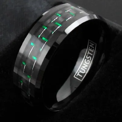 8mm Black Tungsten Green Carbon Fiber Wedding Band Ring Men's Jewelry • $11.99