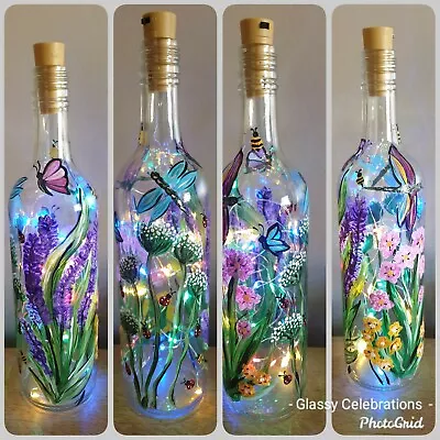 Hand Painted Floral With Dragonflies Colourful LED Light Up Glass Bottle  • £9.95