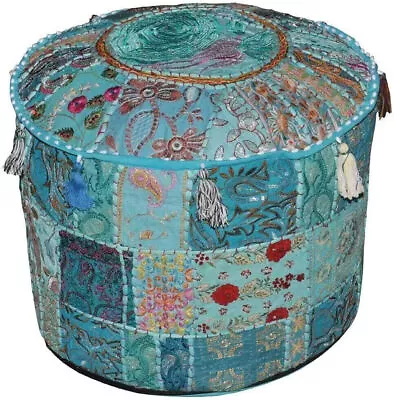 Blue Boho Patchwork Round Ottoman Pouf Cover Vintage Footstool Seating Pouffe • $39.42