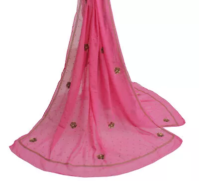 Sushila Vintage Pink Dupatta Pure Georgette Silk Sequins Embroidered Long Stole • $27.99