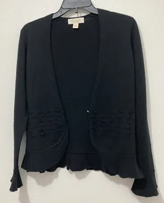 Mainbocher 100% Cashmere Long Sleeve Ruffle Black Open Cardigan Sweater M • $39.99