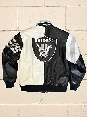 VTG  Oakland Raiders Leather Starter Jacket L Huge Logo Embroidery Emblem Black • $550