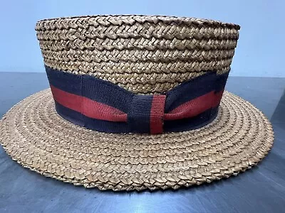 Vintage Boater Woven Straw Hat Made In Italy 2  Brim Clean Hand Made W/box 7 3/8 • $50