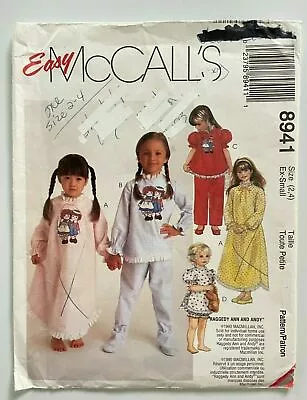 McCALL'S #8941 GIRLS SIZE X-SM 2-4 PAJAMA TOPS BLOOMERS OR FOOTED PANTS PATTERN • $4.50