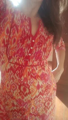 Vintage 80's S M 10 Pink Orange Ikat Indian 100% Cotton Gauze Peasant Dress • $40