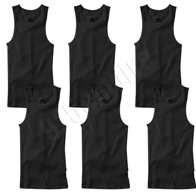 Men 100%Cotton Ribbed Black Tank Top A-Shirt Wife Beater Undershirts Size:S-2XL • $12.49