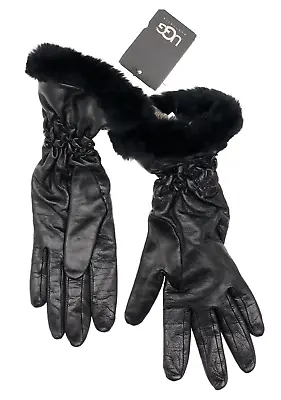 UGG L52930 Womens Black Leather Shearling Trim Dandylion Gloves Size S • £108.84