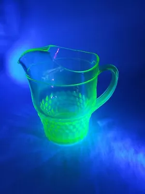 Large Green Uranium Vaseline Glass 2 Qt Water Pitcher Cube Cubist Glows • $39.95