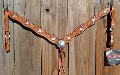 Circle Y Scalloped Breast Collar Silver Conchos -Hand Tooled Floral -Ultra Light • $238.99