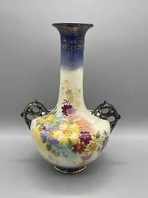 Antique Bonn Royal Franz Mehlem Blue & Flowers Double Handle Vase • $70