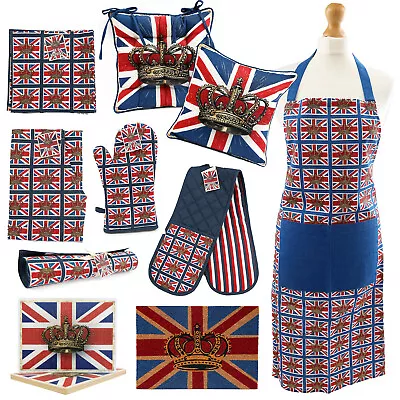 Union Jack Kitchen Tableware Tea Towel Placemats Coaster Set Oven Gloves Apron • £6.95