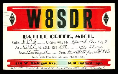 QSL Card Radio USA W8SDR 1939 Battle Creek Michigan M M Ballard ≠ A1003 • $12.31