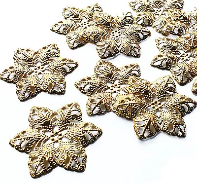 10 Gold Tone Flower Charms Embellishments Filigree Stamped Metal Decoration 35mm • £1.91