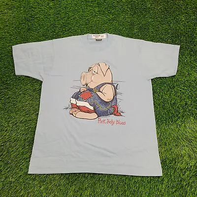 Vintage 1987 Funny Pig Graffiti Art Shirt L-Short 22x27 Pork-Belly-Blues Blue • $48.77