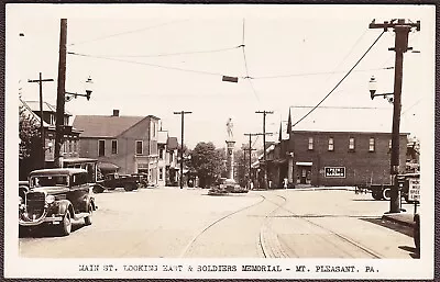 Mt. Pleasant PA RPPC 1930s - Main Street Looking East & Soldiers Memorial • $24.75