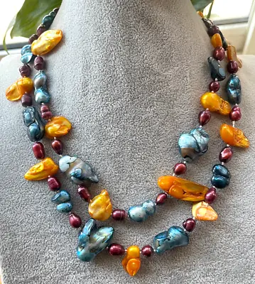 Long 36  Multicolor Rice Baroque Pearl & Mother Shell Pearl Beads Knot Necklace • $11.95