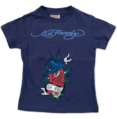 Ed Hardy Girl's T-Shirt Floral Bird With Rhinestones Size 2  • £23.55