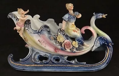 Vintage German Bisque Cornucopia Swan Sleigh Vase W/Female & Cherub 10” W. • $89