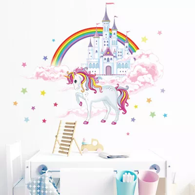 Fairy Unicorn Wall Stickers Large Kids Girls Rainbow Pink Castle Bedroom Decals • £8.69