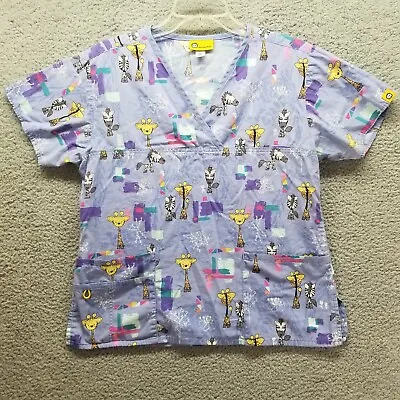 Giraffe Zebra Womens Scrubs Top Medium Purple Yellow Nurse Uniform Shirt Ladies • $3.76