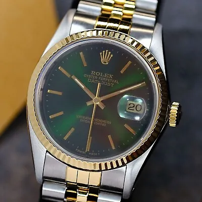 $6449 • Buy Mens Rolex Oyster Perpetual Datejust 36mm 18k Gold  Steel Green Dial Watch 16013