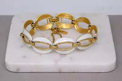 Vintage Monet Gold Tone & White Enamel Open Center Panel Link Clasp Bracelet • $9.95