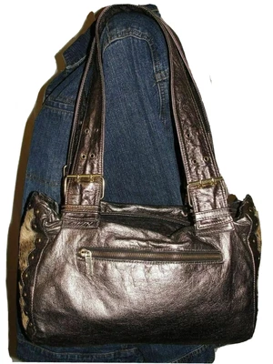 $18.84 • Buy TREESJE Purse Bronze Studded Distressed Leather Pony Hair Sides Shoulder HandBag