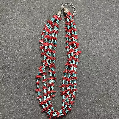 Vintage Mediterranean DR Sterling Silver Coral And Turquoise 5 Strand Necklace • $320
