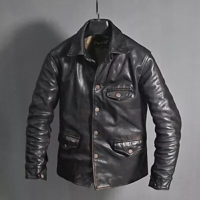 Men's Biker Distressed Black Vintage Motorcycle Cow Hide Leather Jacket Coat • $31.03