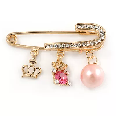 Medium Crystal Safety Pin Brooch With Charms In Gold Plated Metal - 50mm • £11.50