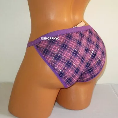 Victoria's Secret Cotton String Bikini Panty Size M Pink Purple Gold Plaid • £10.57