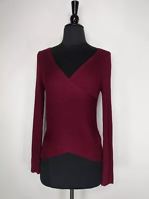 Divided H&M Burgundy Ribbed Knit Long Sleeve Pullover V-Neck Top Size S • $10.35