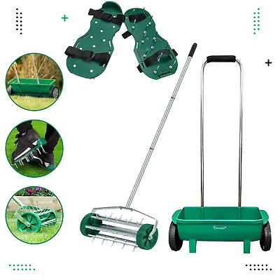 Garden Lawn Roller Aerator/Spiker Shoe & Soil Seed Grit Fertiliser Feed Spreader • £22.85
