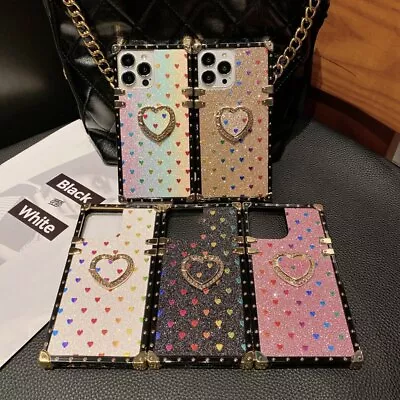 For Samsung S21 S20 S22 S10 S9 S8 Note 20 Glitter Bling Heart Ring Square Case • $16.98