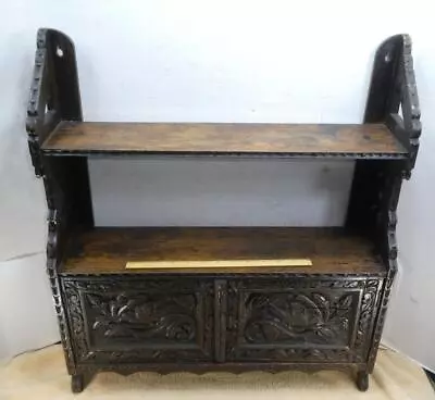 Antique Heavily Carved Wooden Hanging Two Door Wall Shelf Cabinet Birds !! • $199.95