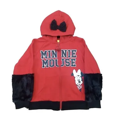 Disney Girls Red Bow Minnie Mouse Hoodie Zip Front Sweatshirt Jacket XXS (4/5) • $14.50