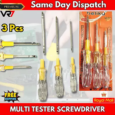 3 Pc MULTI TESTER SCREWDRIVER CONTINUITY VOLTAGE RANGE MAIN ELECTRIC TEST • £6.39