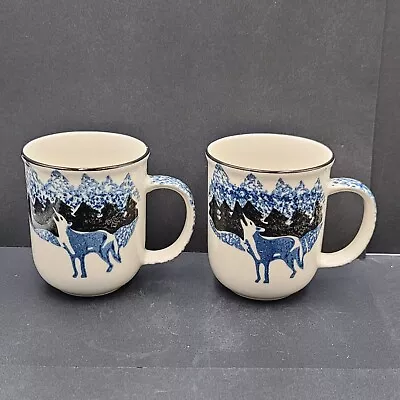 Set Of 2 Vintage WOLF TIENSHAN FOLK CRAFT 10 Oz Coffee Mugs Tea Cups Blue Sponge • $24