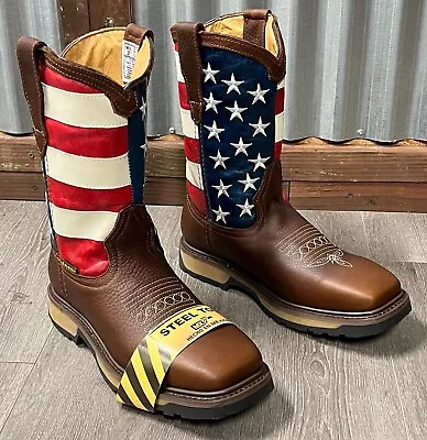 Men's Work Boots American Flag Soft & Steel Toe Square Cowboy Genuine Leather Us • $99.99