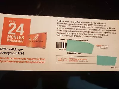 HOME DEPOT Coupon Up Tp 24 Months Financing. Expire: 5/31/2024 • $10.99