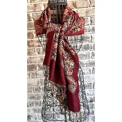 Pashmina Shawl New Scarf Dark Rust Paisley Floral Abstract Fringe  68 L 28 W VTG • $34.95