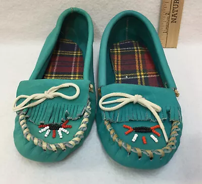 Minnehaha Moccasins Shoes Aqua Blue Leather Child Beads Size 10 Vintage Slip On • $10.99