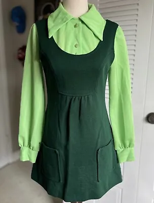 Vintage 70s Polyester And Orlon Mini Dress Set Green Women’s Small • $120