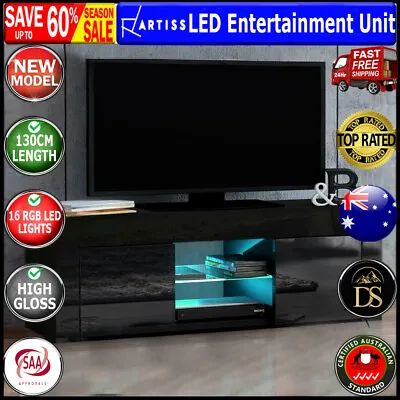 $96.34 • Buy 130cm RGB LED TV Cabinet Stand Entertainment Unit Gloss Furniture Black Artiss