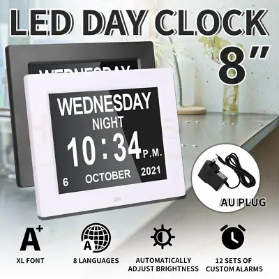 8inch LED Dementia Digital Calendar Clock Alarm Day/Week/Month/Year Extra Large • $50.85
