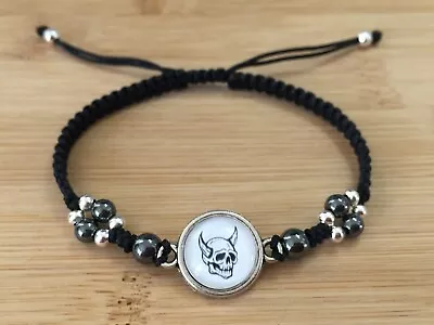 Men Black Braided Adjustable Shamballa Bracelet - Skull With Horns Design • $12.49