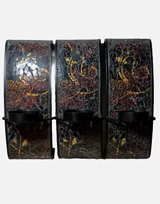 Set Of 3 Art Wall Candle Holders Cracked Glass Mosaic Metal Swooped Decoration  • $35