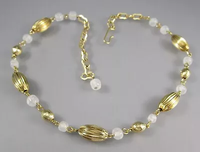 Vintage Gold Tone Ribbed Bead Clear Glass Beads 15  Choker Necklace 6358 • $9.99