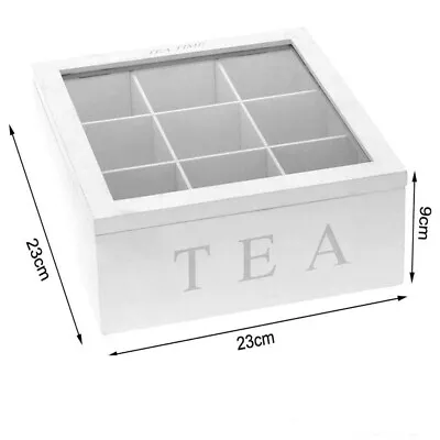 White Wooden Tea Box 9-Compartment Tea Bag Chest Box Organizer With Glass Lid AU • $28.99