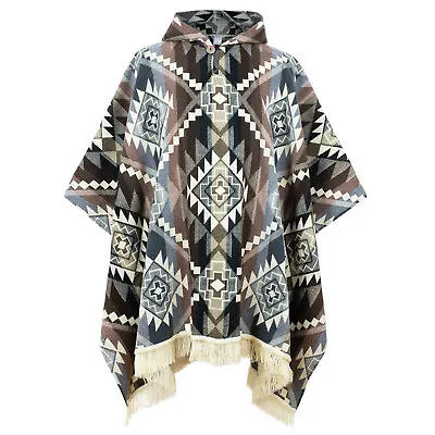 Alpaca Wool Mens Unisex Hooded Poncho Inca Cross Pattern Hippie ONE SIZE (S-XXL) • $119.95